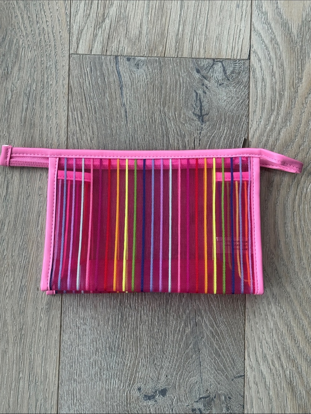 Hot Pink Mesh Multi-Color Striped Zip Cosmetic Toiletries Makeup Pouch Bag Case - Picture 2 of 4